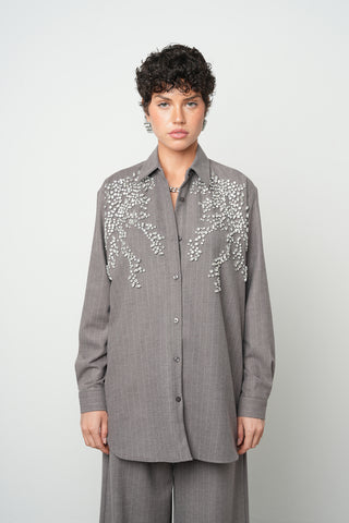 Kadın Önü Taş İşlemeli Çizgili Oversize Gömlek