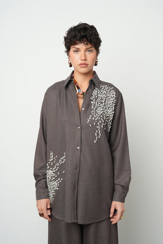 Kadın Taş İşlemeli Çizgili Kahve Oversize Gömlek