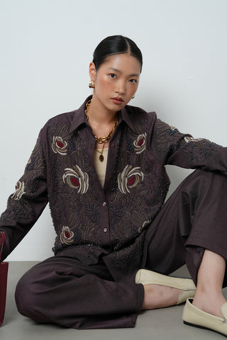 Kadın Nakış Ve Boncuk İşlemeli Oversize Kesim Gömlek