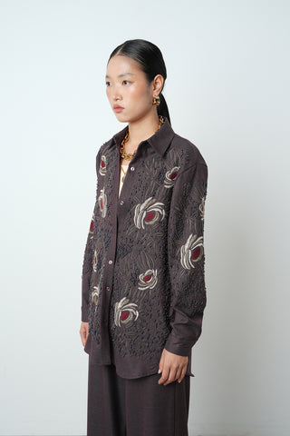 Kadın Nakış Ve Boncuk İşlemeli Oversize Kesim Gömlek