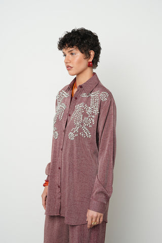 Kadın Robası Taş İşlemeli Bordo Renk Oversize Kesim Gömlek