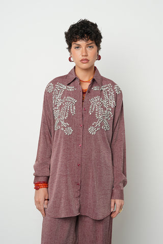 Kadın Robası Taş İşlemeli Bordo Renk Oversize Kesim Gömlek