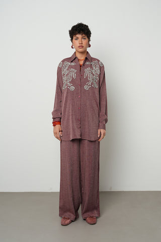 Kadın Robası Taş İşlemeli Bordo Renk Oversize Kesim Gömlek