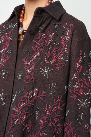 Kadın Bordo Nakışlı Oversize Kesim Gömlek