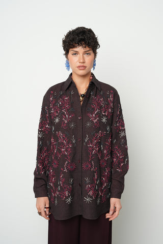 Kadın Bordo Nakışlı Oversize Kesim Gömlek