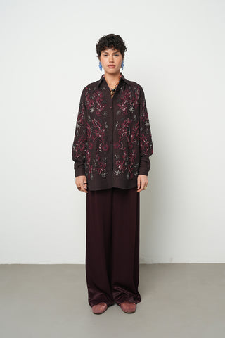 Kadın Bordo Nakışlı Oversize Kesim Gömlek