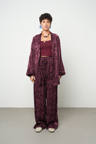 Kadın Bordo Puantiye Desenli Standart Beden Kimono