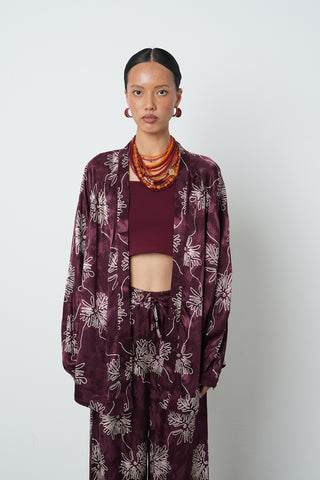 Kadın Çiçek Desenli Bordo Jakarlı Oversize Kimono
