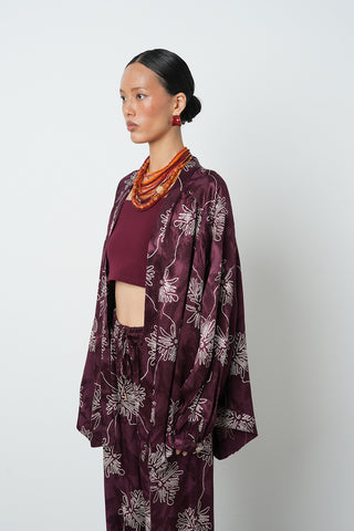 Kadın Çiçek Desenli Bordo Jakarlı Oversize Kimono