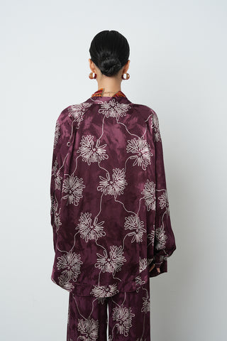 Kadın Çiçek Desenli Bordo Jakarlı Oversize Kimono