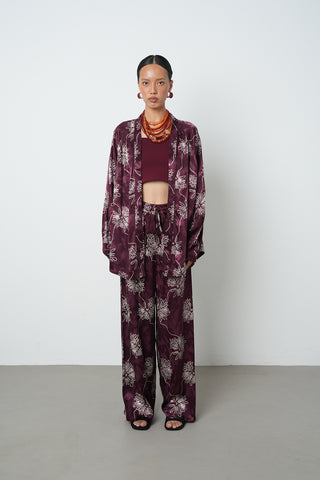 Kadın Çiçek Desenli Bordo Jakarlı Oversize Kimono
