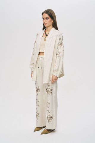 Kadın Kelebek Nakışlı Pamuk-Keten Oversize Kimono