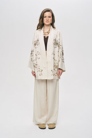 Kadın Kelebek Nakış İşlemeli Natur Kimono