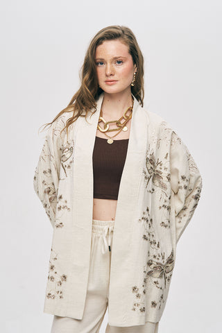 Kadın Kelebek Nakış İşlemeli Natur Kimono