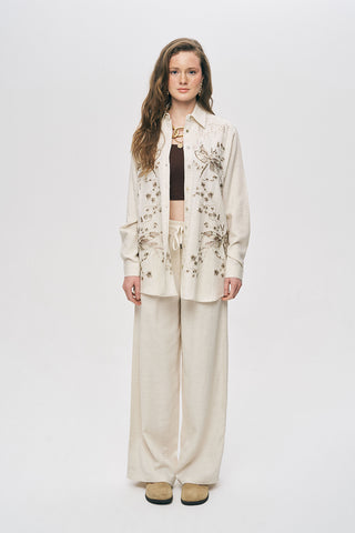 Kadın Kelebek Nakış İşlemeli Natur Oversize Gömlek