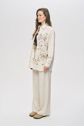 Kadın Kelebek Nakış İşlemeli Natur Oversize Gömlek