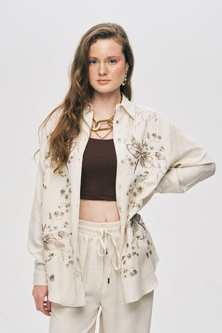 Kadın Kelebek Nakış İşlemeli Natur Oversize Gömlek