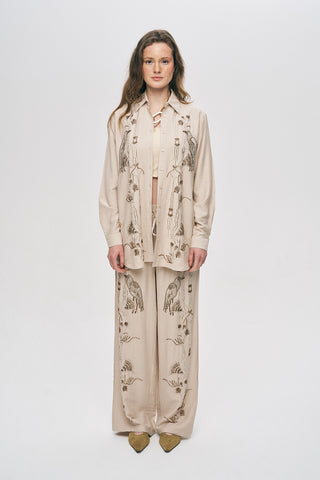 Kadın Oriental Kuş Ve Çiçek Boncuk İşlemeli Oversize Gömlek