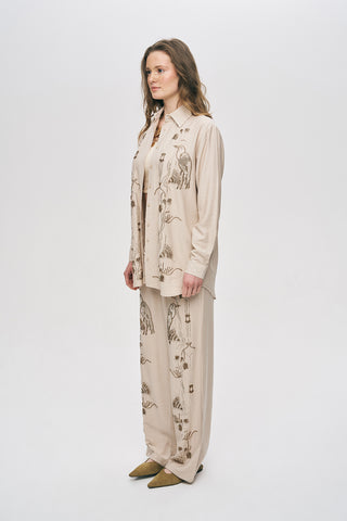 Kadın Oriental Kuş Ve Çiçek Boncuk İşlemeli Oversize Gömlek