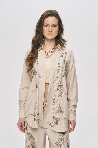 Kadın Oriental Kuş Ve Çiçek Boncuk İşlemeli Oversize Gömlek