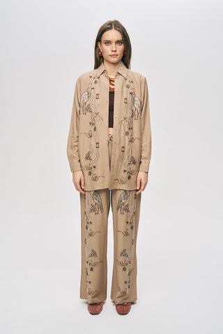 Kadın Oriental Kuş Ve Çiçek Boncuk İşlemeli Oversize Gömlek