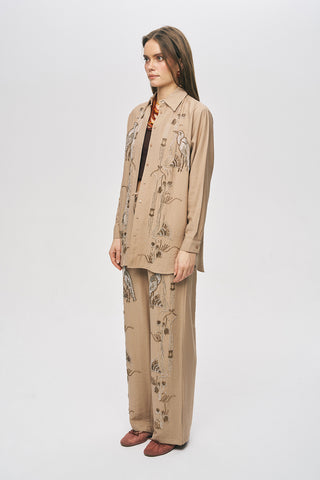 Kadın Oriental Kuş Ve Çiçek Boncuk İşlemeli Oversize Gömlek