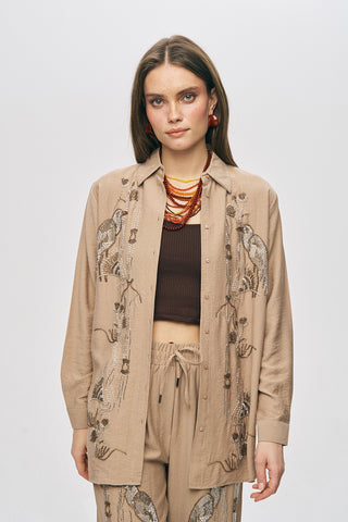 Kadın Oriental Kuş Ve Çiçek Boncuk İşlemeli Oversize Gömlek