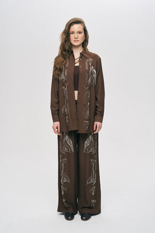 Kadın Oriental Kuş Ve Çiçek Boncuk İşlemeli Oversize Gömlek