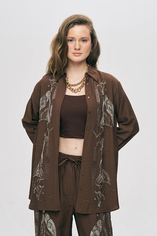 Kadın Oriental Kuş Ve Çiçek Boncuk İşlemeli Oversize Gömlek