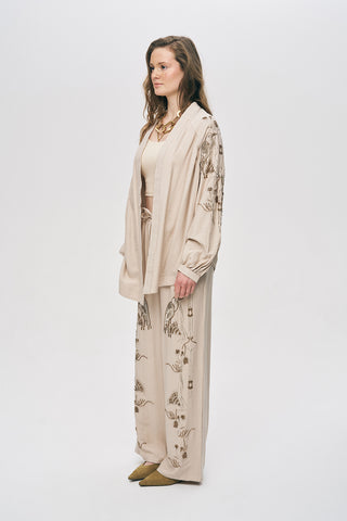 Kadın Oriental Kuş Ve Çiçek Boncuk İşlemeli Oversize Kimono
