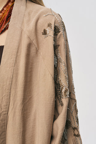 Kadın Oriental Kuş Ve Çiçek Boncuk İşlemeli Oversize Kimono