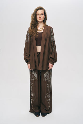 Kadın Oriental Kuş Ve Çiçek Boncuk İşlemeli Oversize Kimono