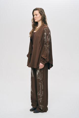 Kadın Oriental Kuş Ve Çiçek Boncuk İşlemeli Oversize Kimono