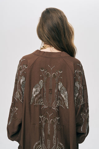 Kadın Oriental Kuş Ve Çiçek Boncuk İşlemeli Oversize Kimono