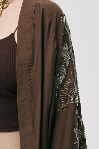 Kadın Oriental Kuş Ve Çiçek Boncuk İşlemeli Oversize Kimono