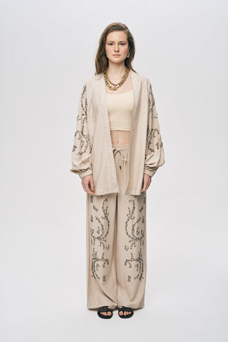 Kadın Safir Boncuk İşlemeli İpeksi Viskon Oversize Kimono