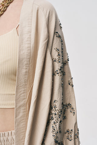 Kadın Safir Boncuk İşlemeli İpeksi Viskon Oversize Kimono