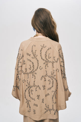 Kadın Safir Boncuk İşlemeli İpeksi Viskon Oversize Kimono