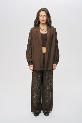 Kadın Safir Boncuk İşlemeli İpeksi Viskon Oversize Kimono