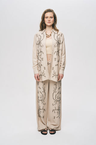 Kadın Safir Boncuk İşlemeli İpeksi Viskon Oversize Gömlek