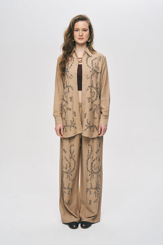 Kadın Safir Boncuk İşlemeli İpeksi Viskon Oversize Gömlek