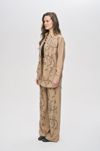 Kadın Safir Boncuk İşlemeli İpeksi Viskon Oversize Gömlek