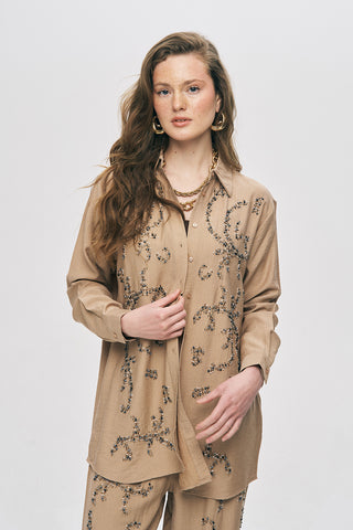 Kadın Safir Boncuk İşlemeli İpeksi Viskon Oversize Gömlek