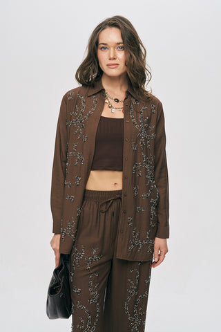 Kadın Safir Boncuk İşlemeli İpeksi Viskon Oversize Gömlek