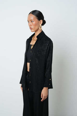 Kadın Siyah Jakarlı Halka Desenli Gold Düğmeli Gömlek