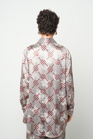 Kadın Geometrik Çizgi Desenli İpeksi Saten Görünümlü Oversize Gömlek