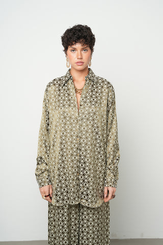 Kadın Prizma Haki Geometrik Desenli İpeksi Saten Görünümlü Oversize Gömlek