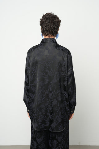 Kadın Gece Siyahı Floral Desenli İpeksi Saten Görünümlü Oversize Gömlek