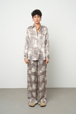 Kadın Geometrik Blok Desenli İpeksi Saten Görünümlü Gömlek