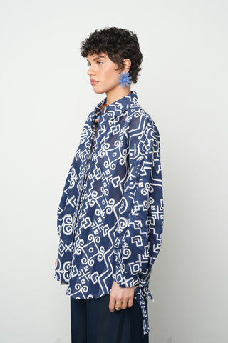 Kadın Lacivert Etnik Desenli Oversize Pamuklu Gömlek